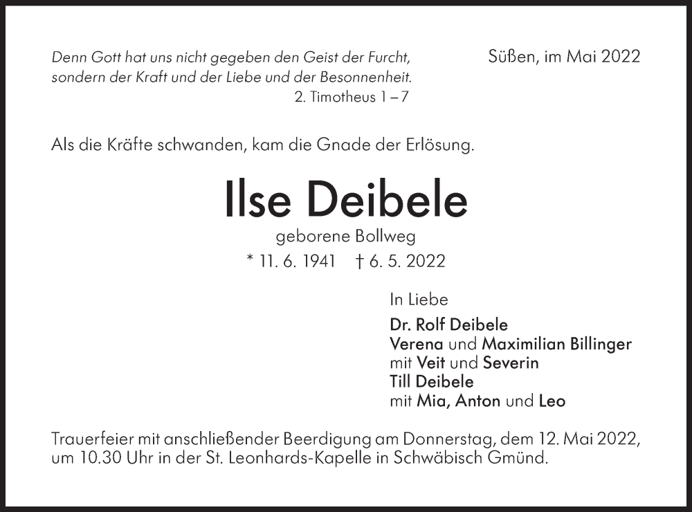  Traueranzeige für Ilse Deibele vom 09.05.2022 aus NWZ Neue Württembergische Zeitung