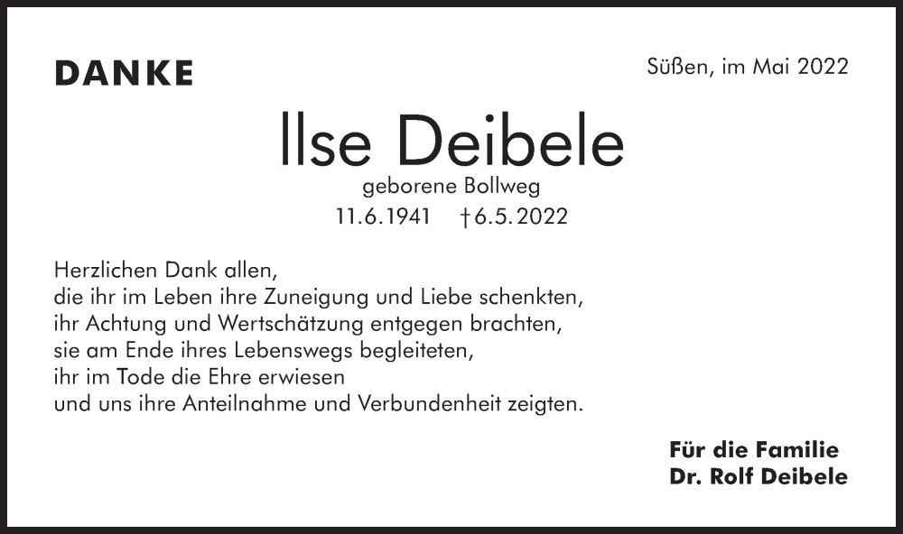  Traueranzeige für Ilse Deibele vom 20.05.2022 aus NWZ Neue Württembergische Zeitung