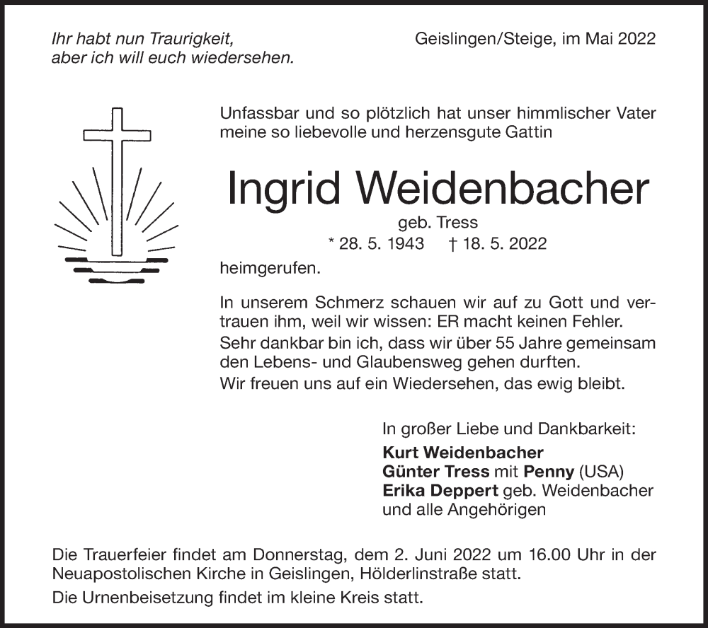  Traueranzeige für Ingrid Weidenbacher vom 28.05.2022 aus Geislinger Zeitung