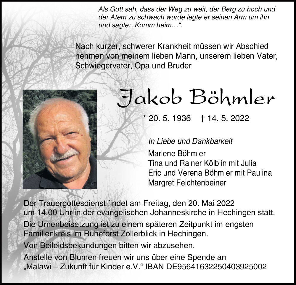  Traueranzeige für Jakob Böhmler vom 18.05.2022 aus Metzinger-Uracher Volksblatt