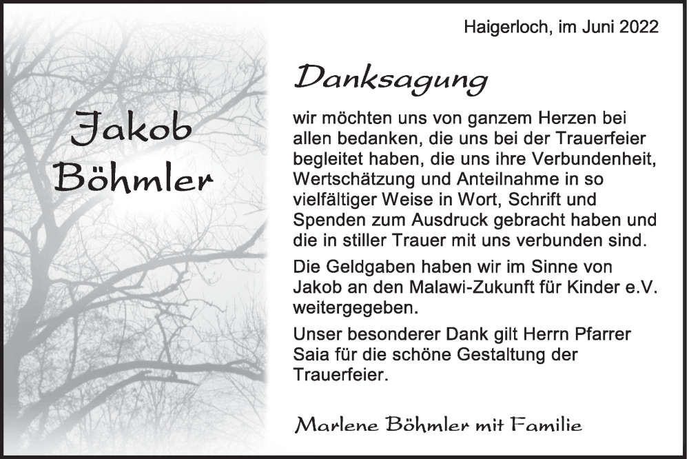  Traueranzeige für Jakob Böhmler vom 01.06.2022 aus Metzinger-Uracher Volksblatt