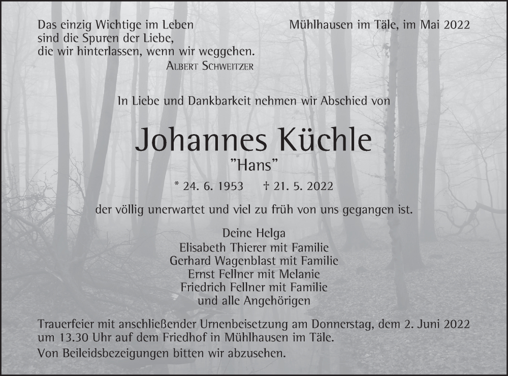  Traueranzeige für Johannes Küchle vom 28.05.2022 aus Geislinger Zeitung