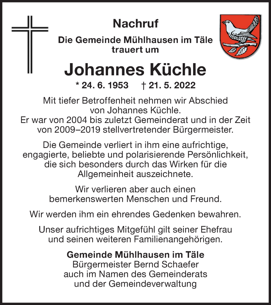  Traueranzeige für Johannes Küchle vom 28.05.2022 aus NWZ Neue Württembergische Zeitung/Geislinger Zeitung