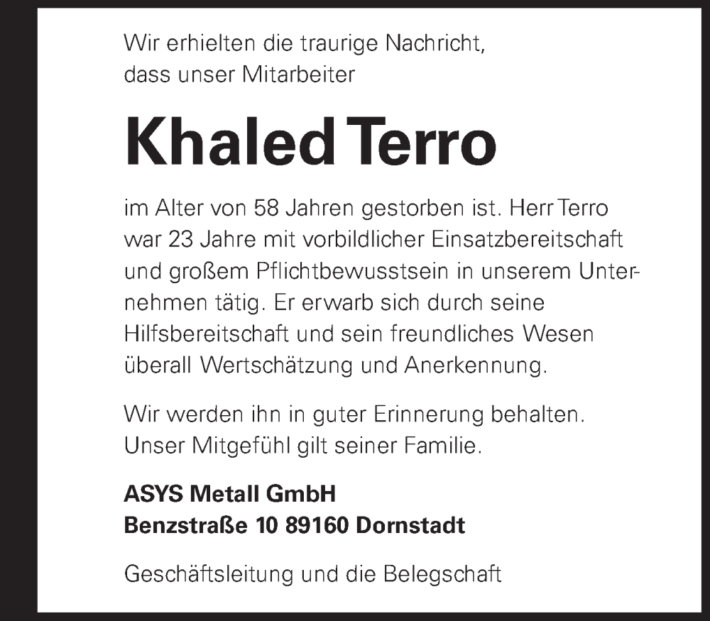  Traueranzeige für Khaled Terro vom 28.05.2022 aus SÜDWEST PRESSE Ausgabe Ulm/Neu-Ulm
