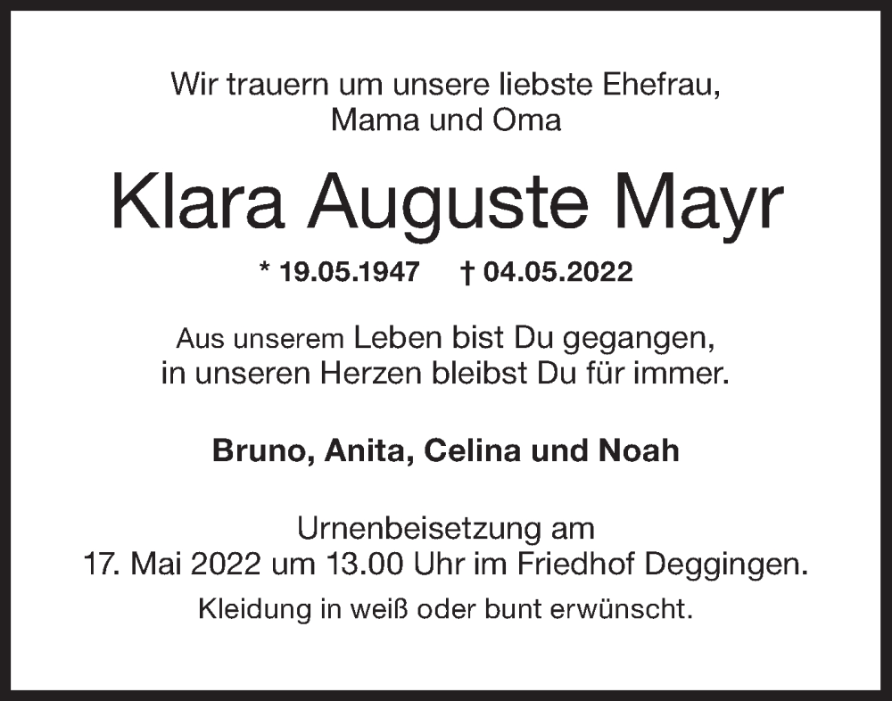  Traueranzeige für Klara Auguste Mayr vom 10.05.2022 aus NWZ Neue Württembergische Zeitung