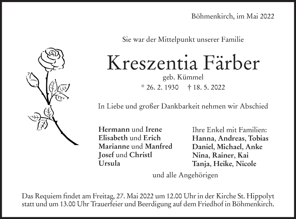  Traueranzeige für Kreszentia Färber vom 24.05.2022 aus NWZ Neue Württembergische Zeitung/Geislinger Zeitung
