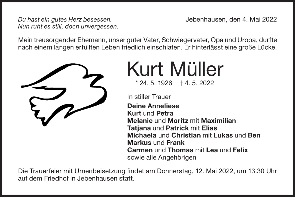  Traueranzeige für Kurt Müller vom 07.05.2022 aus NWZ Neue Württembergische Zeitung