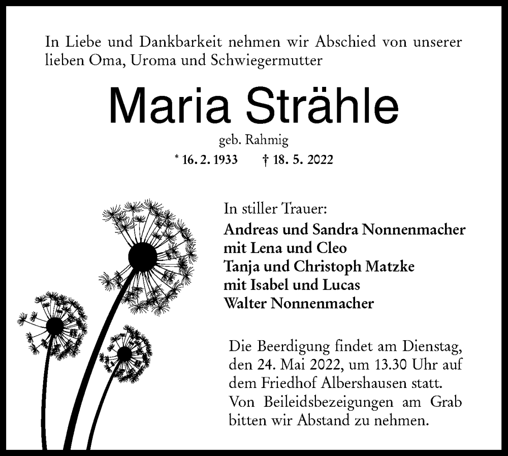 Traueranzeige für Maria Strähle vom 21.05.2022 aus NWZ Neue Württembergische Zeitung
