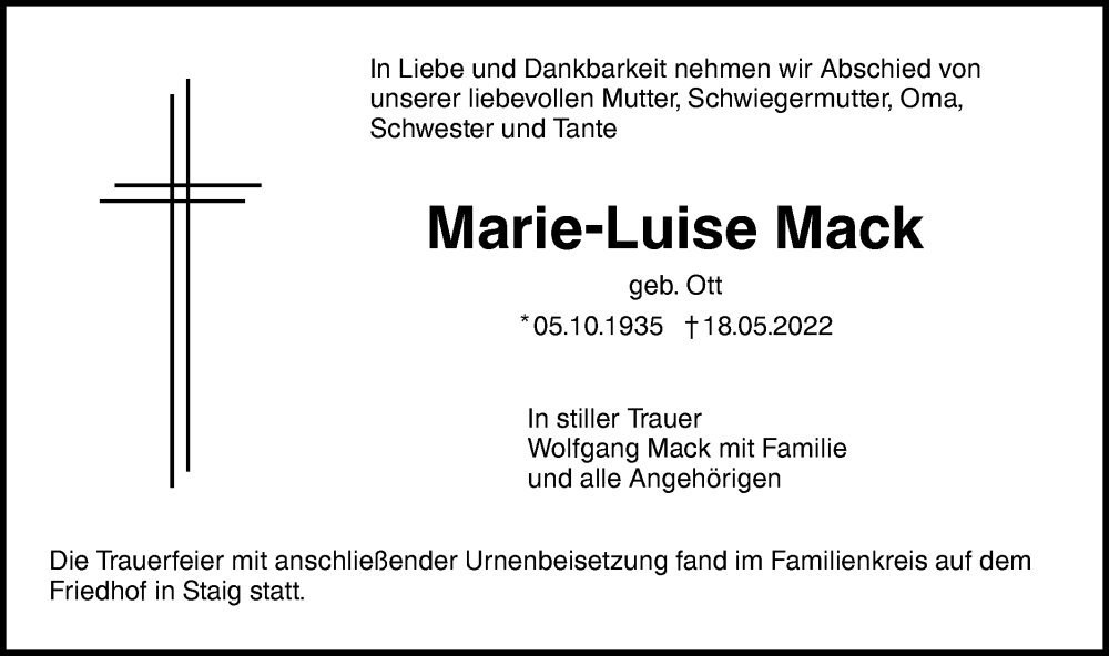  Traueranzeige für Marie-Luise Mack vom 28.05.2022 aus SÜDWEST PRESSE Ausgabe Ulm/Neu-Ulm