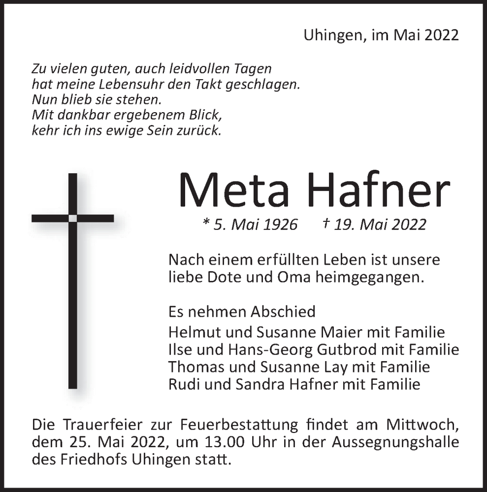  Traueranzeige für Meta Hafner vom 24.05.2022 aus NWZ Neue Württembergische Zeitung