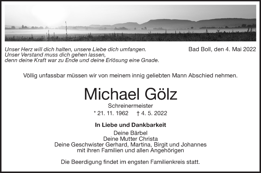  Traueranzeige für Michael Gölz vom 06.05.2022 aus NWZ Neue Württembergische Zeitung