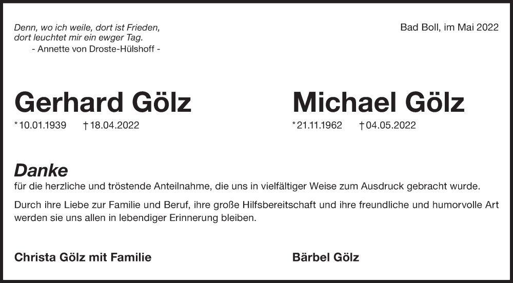  Traueranzeige für Michael Gölz vom 21.05.2022 aus NWZ Neue Württembergische Zeitung