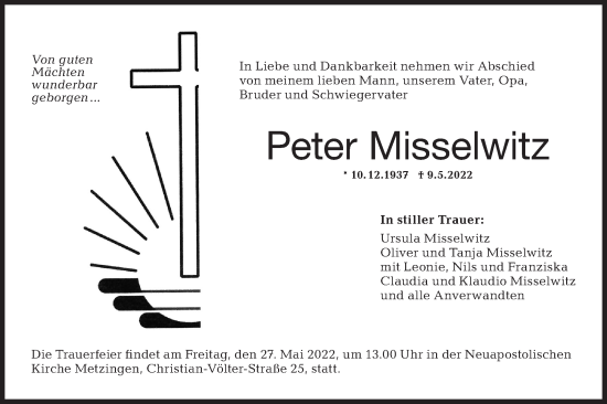 Traueranzeige von Peter Misselwitz von Metzinger-Uracher Volksblatt