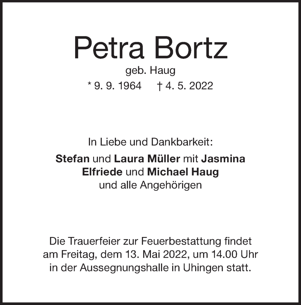  Traueranzeige für Petra Bortz vom 10.05.2022 aus NWZ Neue Württembergische Zeitung