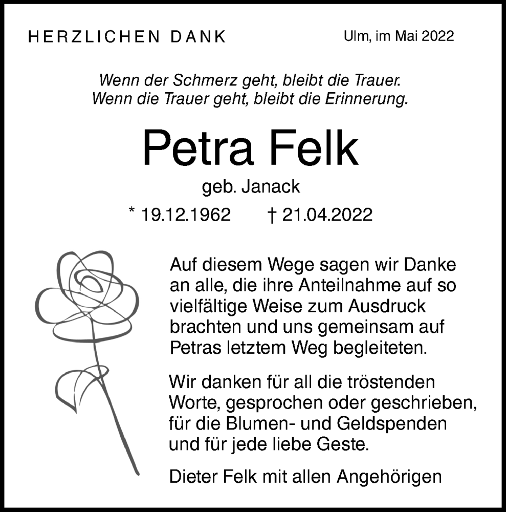  Traueranzeige für Petra Felk vom 28.05.2022 aus SÜDWEST PRESSE Ausgabe Ulm/Neu-Ulm