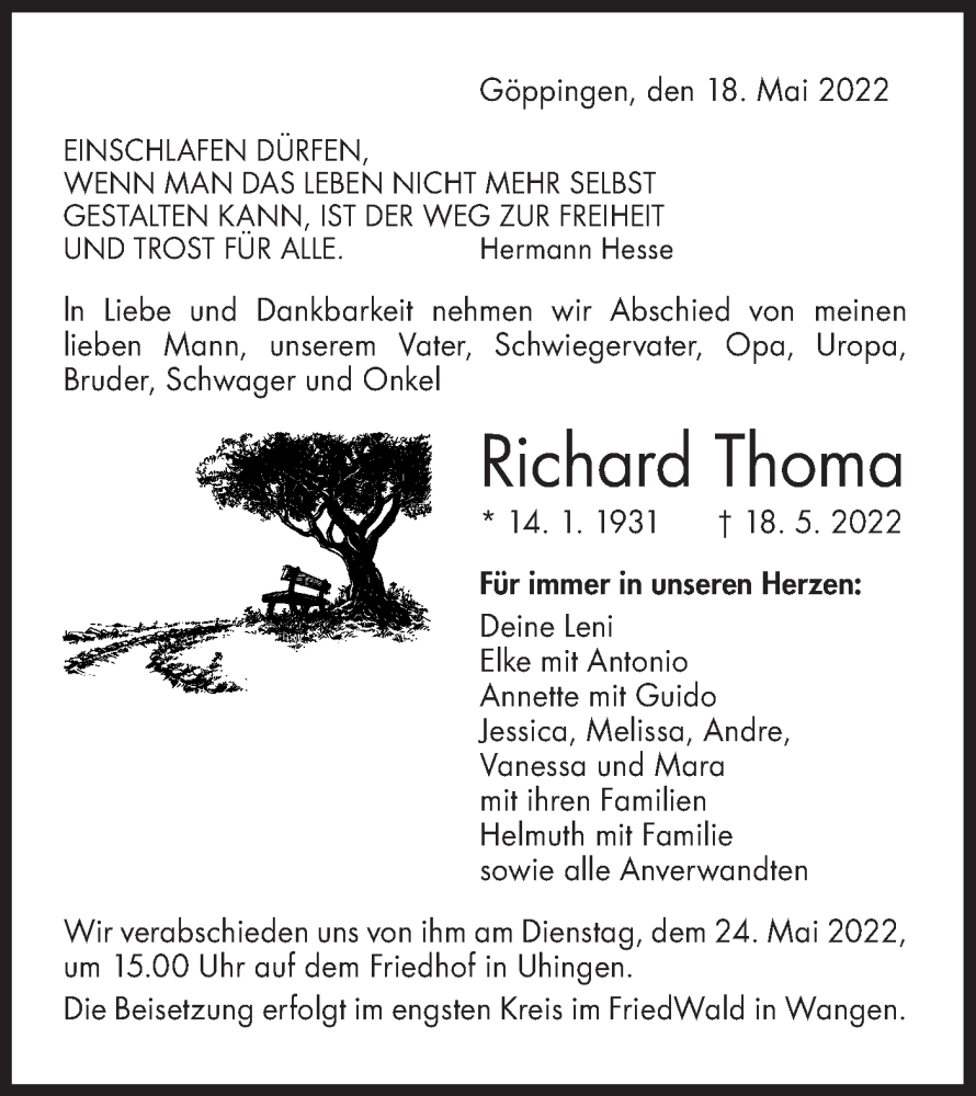  Traueranzeige für Richard Thoma vom 21.05.2022 aus NWZ Neue Württembergische Zeitung