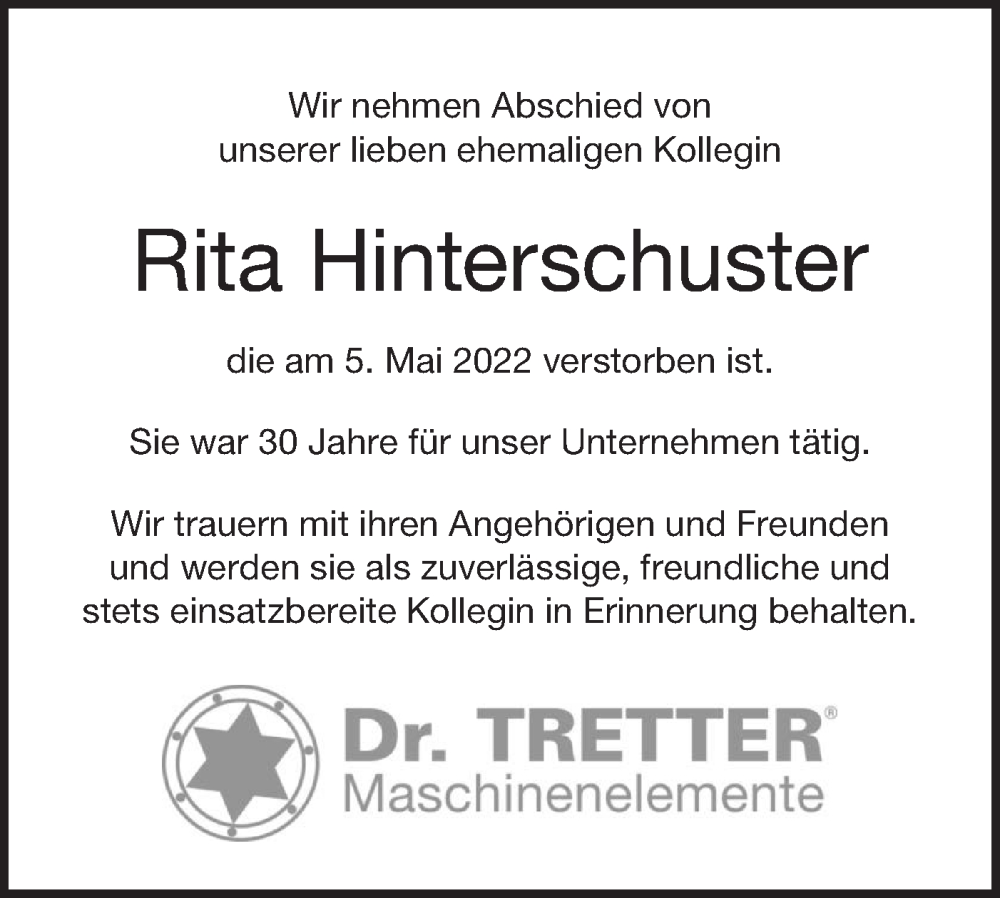  Traueranzeige für Rita Hinterschuster vom 12.05.2022 aus NWZ Neue Württembergische Zeitung