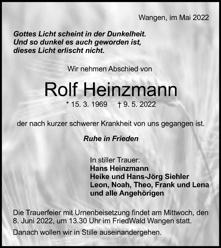  Traueranzeige für Rolf Heinzmann vom 14.05.2022 aus NWZ Neue Württembergische Zeitung