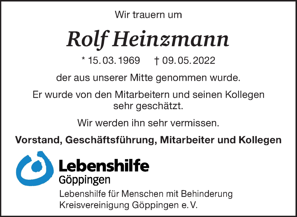  Traueranzeige für Rolf Heinzmann vom 20.05.2022 aus NWZ Neue Württembergische Zeitung