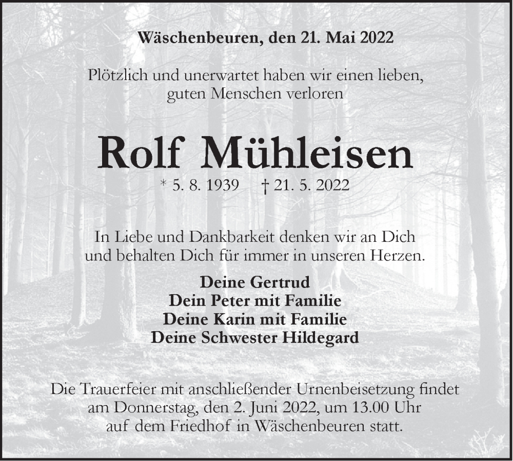  Traueranzeige für Rolf Mühleisen vom 28.05.2022 aus NWZ Neue Württembergische Zeitung