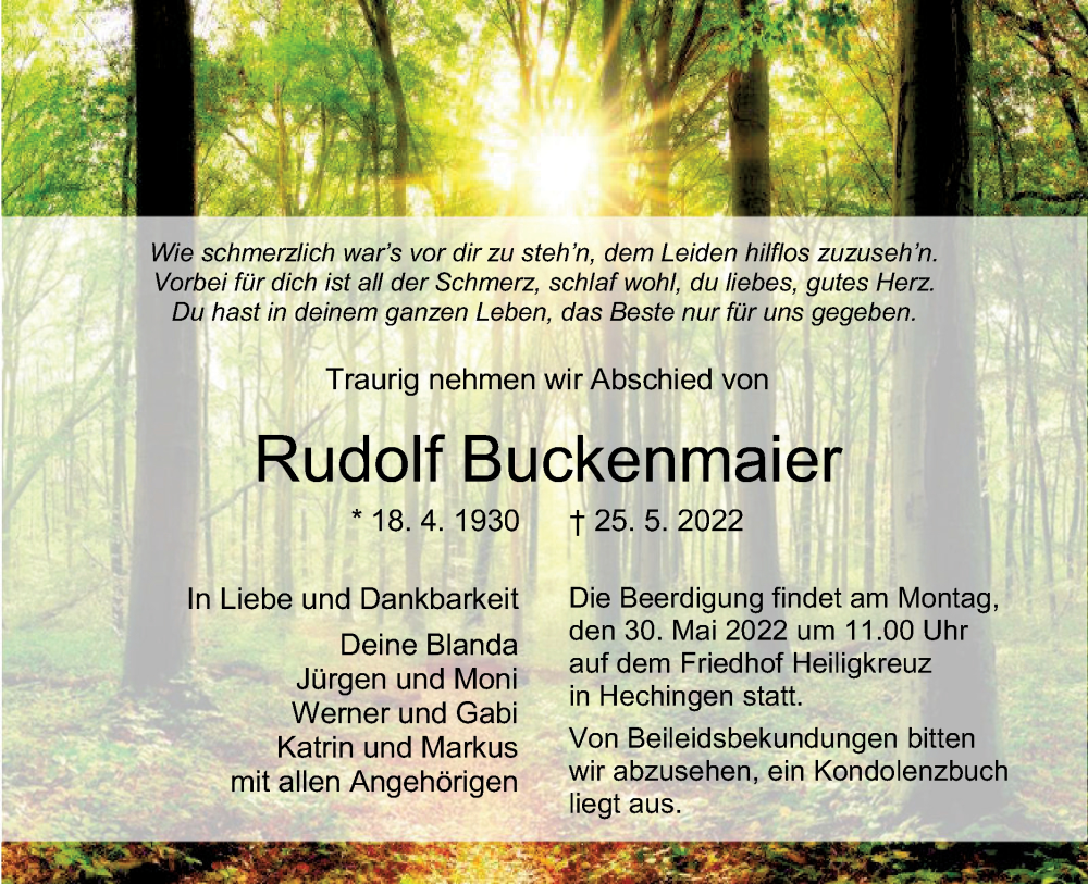  Traueranzeige für Rudolf Buckenmaier vom 28.05.2022 aus Metzinger-Uracher Volksblatt