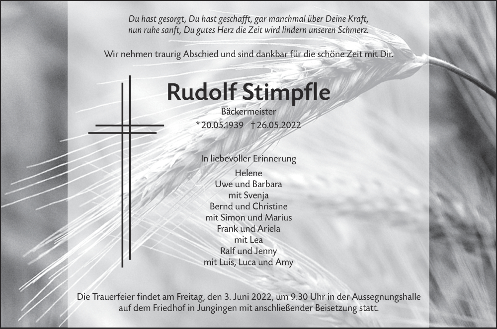  Traueranzeige für Rudolf Stimpfle vom 28.05.2022 aus SÜDWEST PRESSE Ausgabe Ulm/Neu-Ulm
