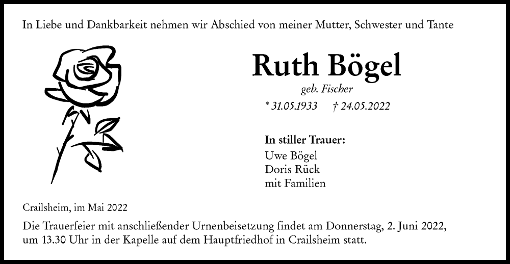  Traueranzeige für Ruth Bögel vom 31.05.2022 aus Hohenloher Tagblatt