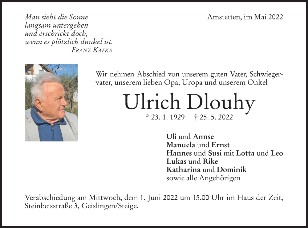  Traueranzeige für Ulrich Dlouhy vom 28.05.2022 aus Geislinger Zeitung