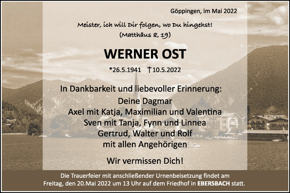 Traueranzeige für Werner Ost vom 14.05.2022 aus NWZ Neue Württembergische Zeitung