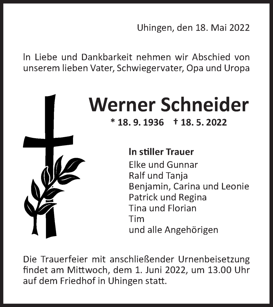  Traueranzeige für Werner Schneider vom 28.05.2022 aus NWZ Neue Württembergische Zeitung
