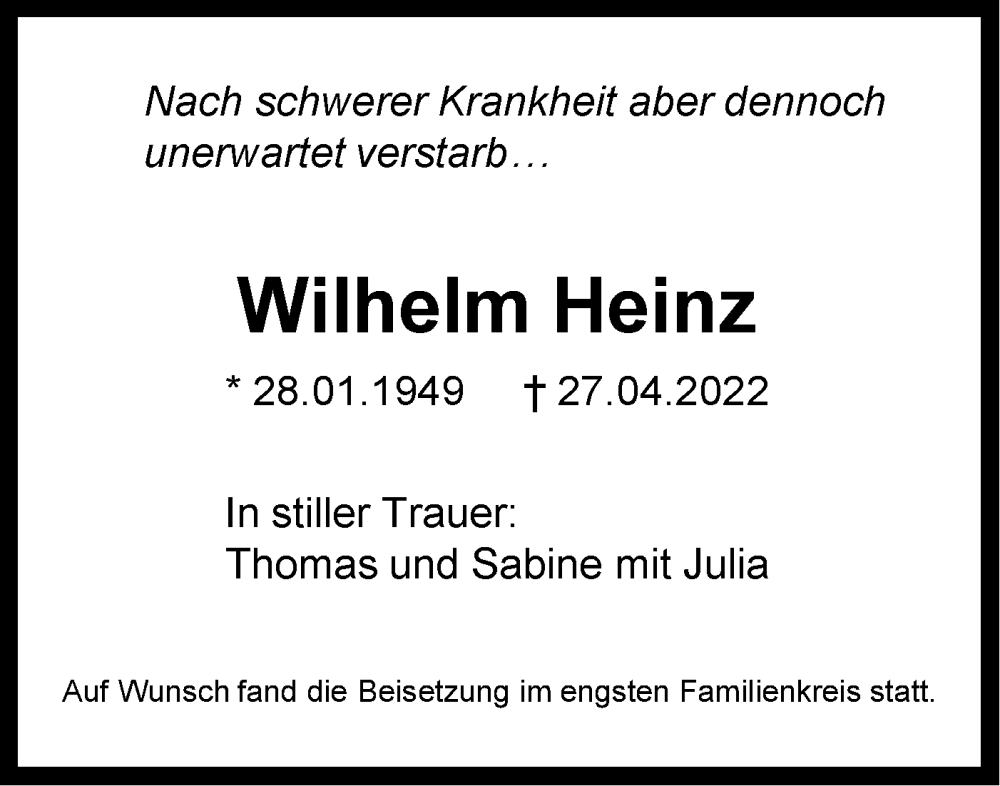  Traueranzeige für Wilhelm Heinz vom 14.05.2022 aus SÜDWEST PRESSE Ausgabe Ulm/Neu-Ulm