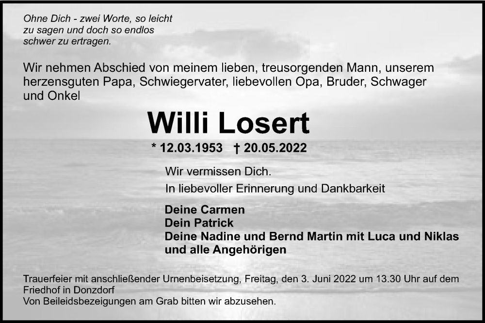  Traueranzeige für Willi Losert vom 28.05.2022 aus NWZ Neue Württembergische Zeitung