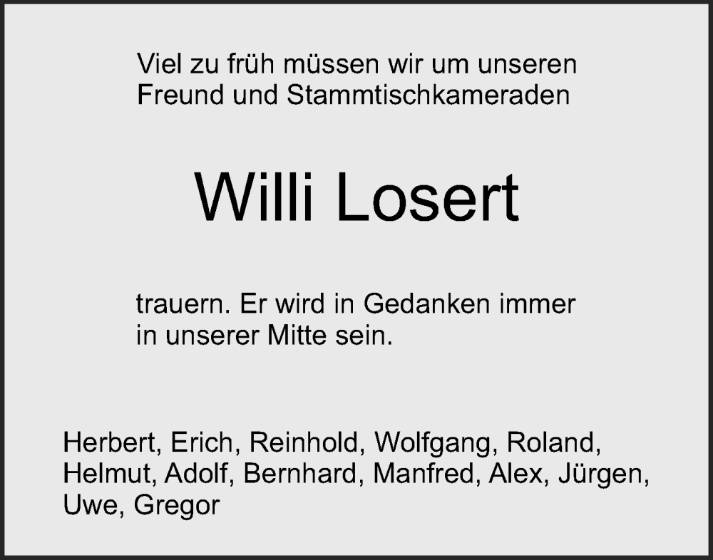 Traueranzeige für Willi Losert vom 28.05.2022 aus NWZ Neue Württembergische Zeitung