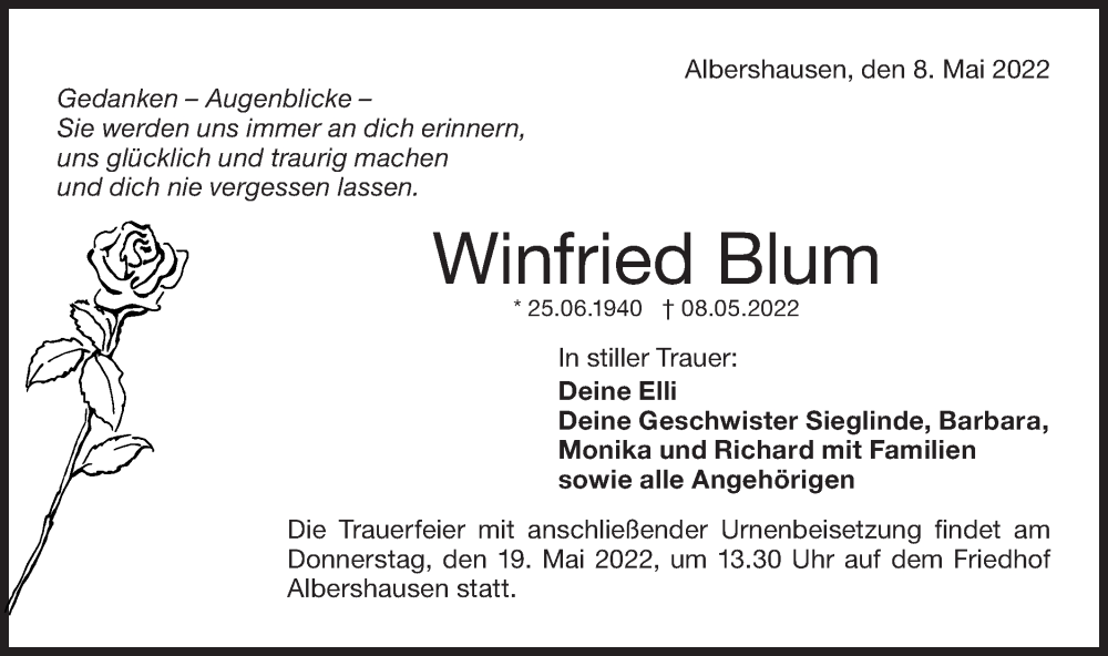  Traueranzeige für Winfried Blum vom 14.05.2022 aus NWZ Neue Württembergische Zeitung