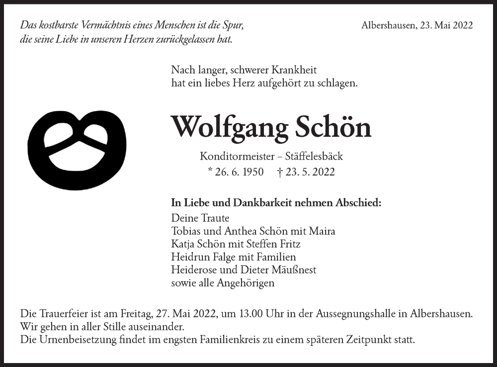  Traueranzeige für Wolfgang Schön vom 25.05.2022 aus NWZ Neue Württembergische Zeitung