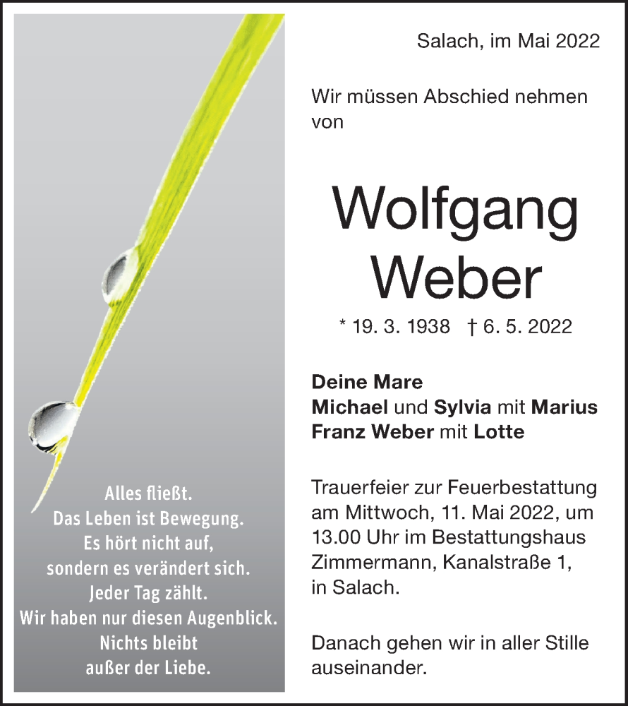  Traueranzeige für Wolfgang Weber vom 10.05.2022 aus NWZ Neue Württembergische Zeitung