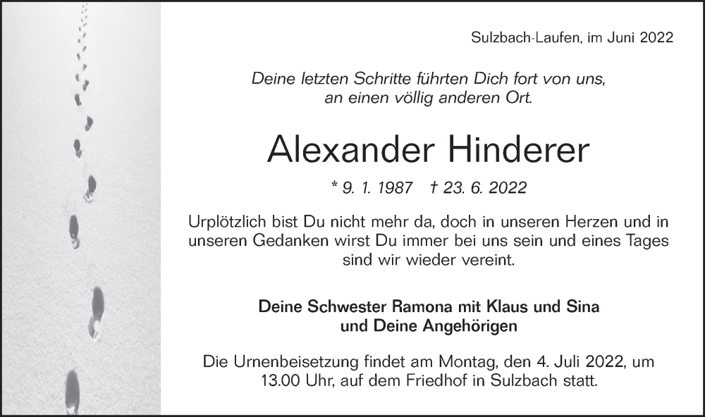  Traueranzeige für Alexander Hinderer vom 30.06.2022 aus Rundschau Gaildorf