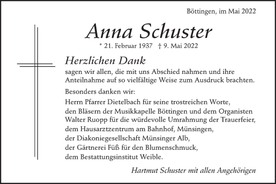 Traueranzeige von Anna Schuster von Alb-Bote/Metzinger-Uracher Volksblatt