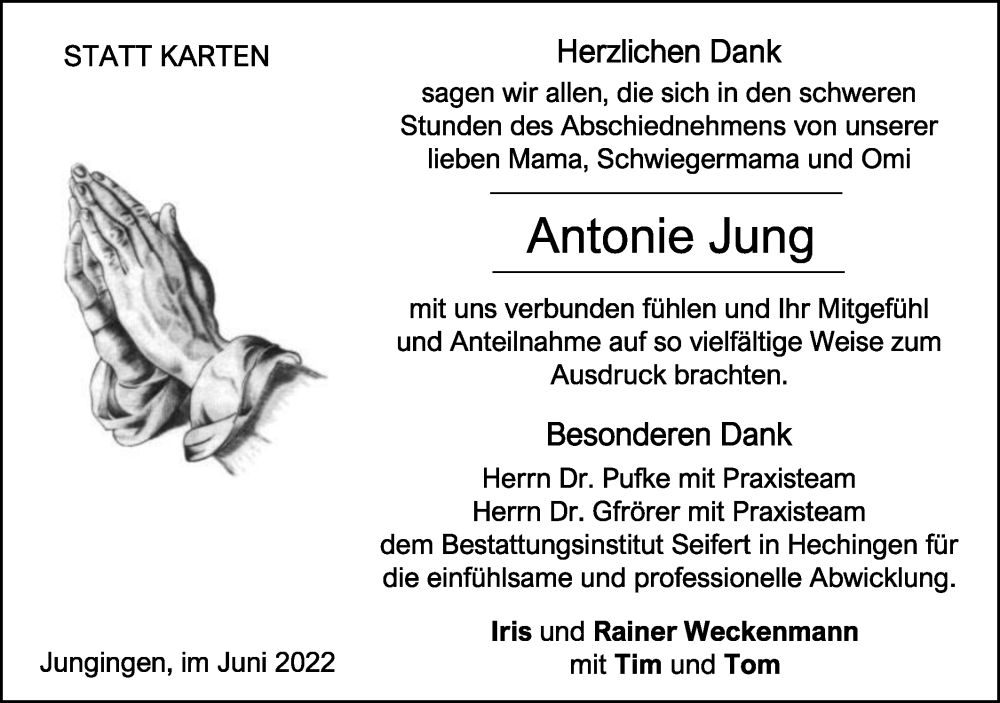  Traueranzeige für Antonie Jung vom 04.06.2022 aus Metzinger-Uracher Volksblatt