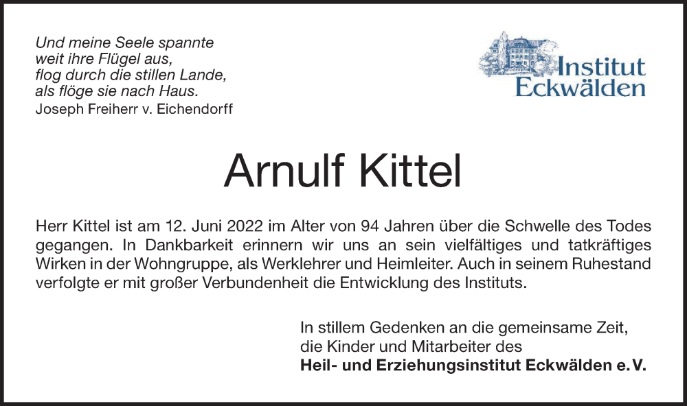  Traueranzeige für Arnulf Kittel vom 18.06.2022 aus NWZ Neue Württembergische Zeitung