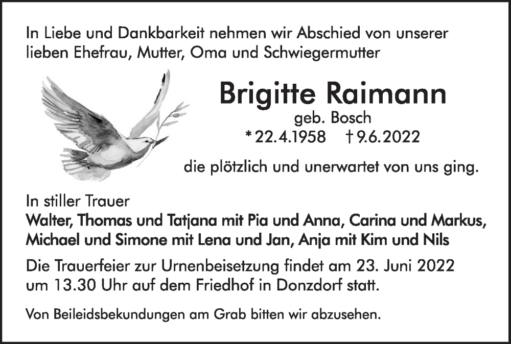  Traueranzeige für Brigitte Raimann vom 18.06.2022 aus NWZ Neue Württembergische Zeitung