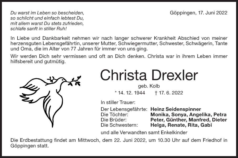  Traueranzeige für Christa Drexler vom 21.06.2022 aus NWZ Neue Württembergische Zeitung