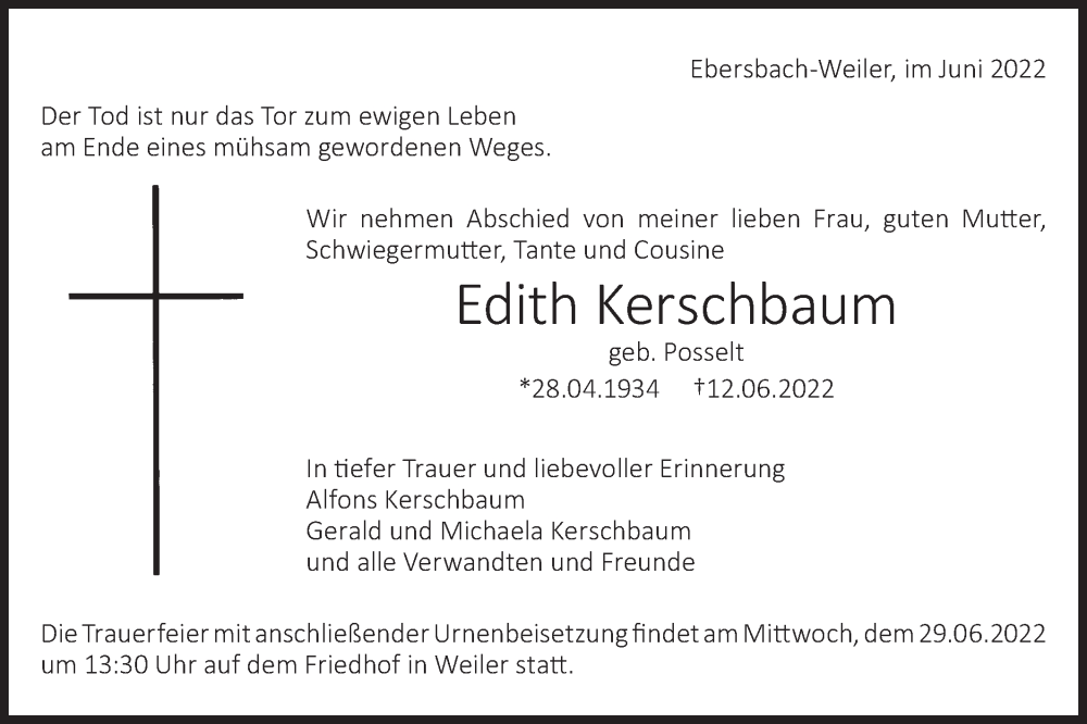  Traueranzeige für Edith Kerschbaum vom 21.06.2022 aus NWZ Neue Württembergische Zeitung