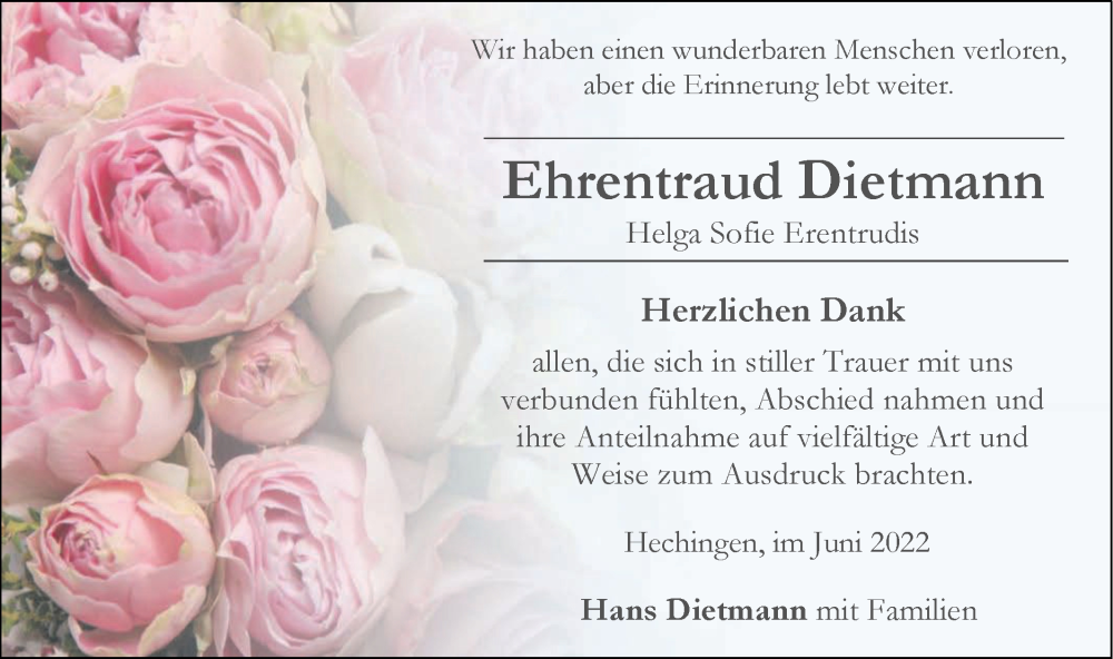  Traueranzeige für Ehrentraud Dietmann vom 25.06.2022 aus Metzinger-Uracher Volksblatt