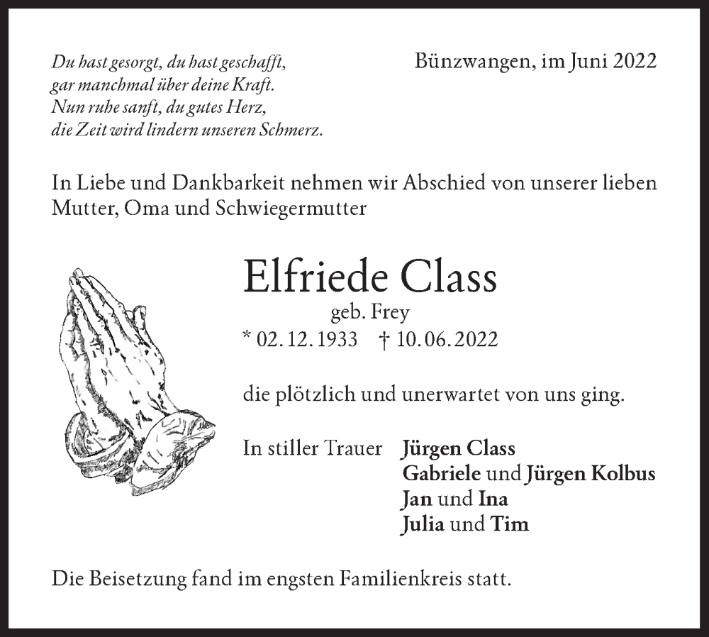  Traueranzeige für Elfriede Class vom 23.06.2022 aus NWZ Neue Württembergische Zeitung