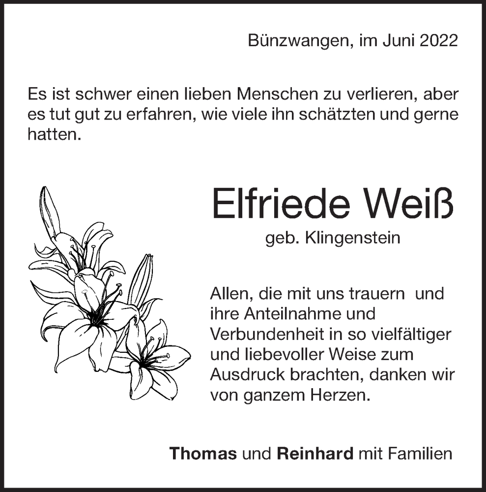  Traueranzeige für Elfriede Weiß vom 18.06.2022 aus NWZ Neue Württembergische Zeitung