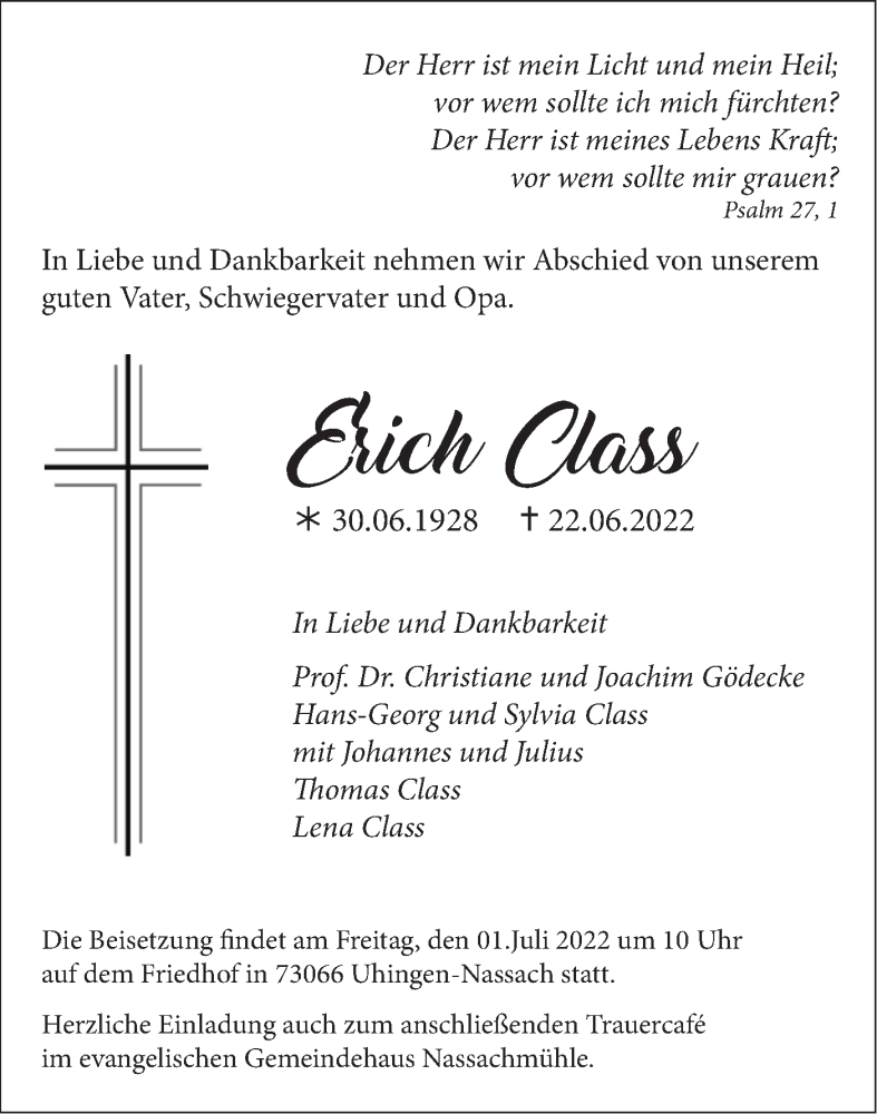  Traueranzeige für Erich Class vom 25.06.2022 aus NWZ Neue Württembergische Zeitung