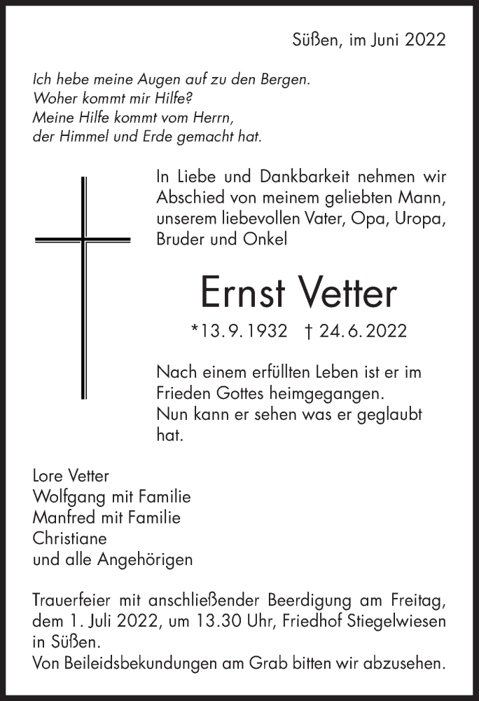  Traueranzeige für Ernst Vetter vom 28.06.2022 aus NWZ Neue Württembergische Zeitung