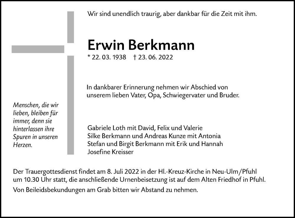  Traueranzeige für Erwin Berkmann vom 30.06.2022 aus SÜDWEST PRESSE Ausgabe Ulm/Neu-Ulm