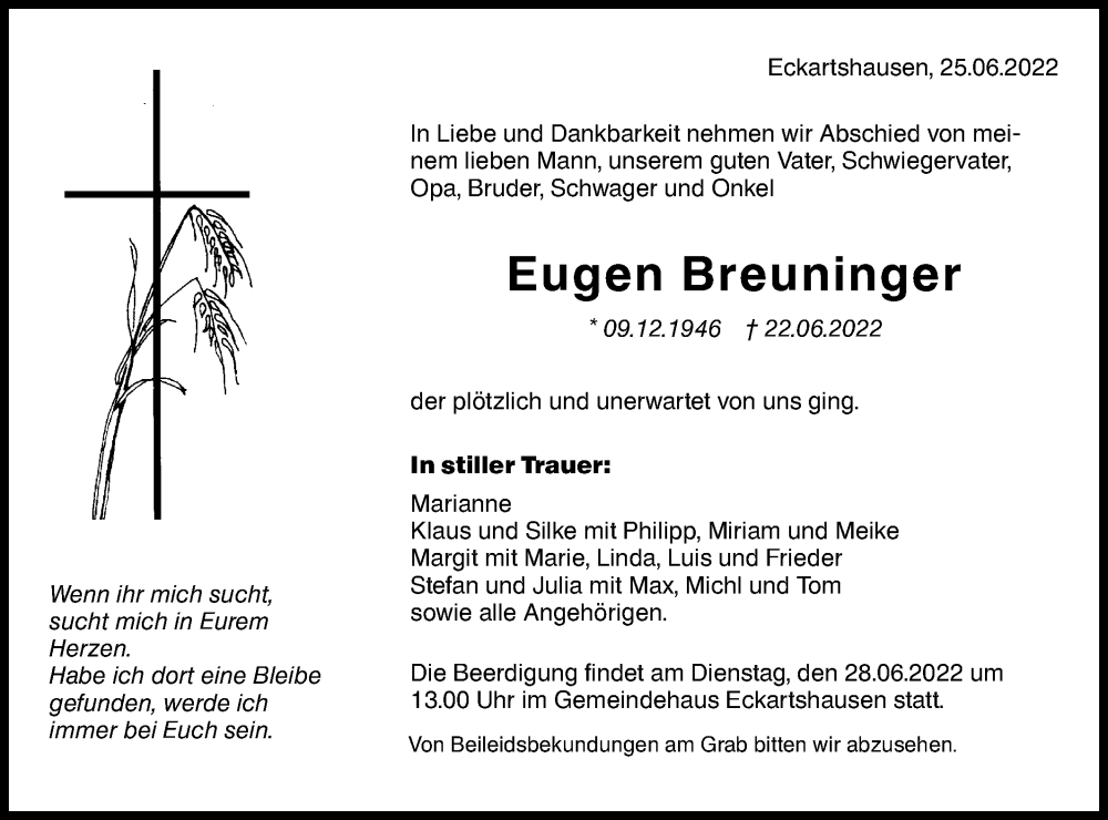  Traueranzeige für Eugen Breuninger vom 25.06.2022 aus Haller Tagblatt